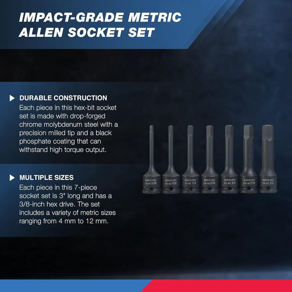 01130B 3/8" Drive Allen Socket Set, 7 Piece, 3 Inch, 3/8” Impact Hex Bit Socket Set, Metric Hex Driver 4 Mm to 12 Mm, Chrome - Moly Cr - Mo Impact Grade - Brahouse