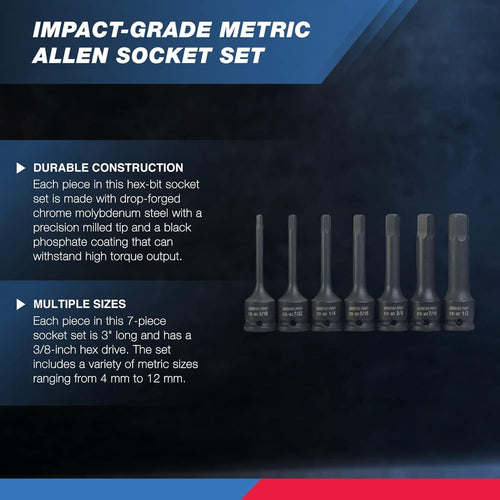 01130B 3/8" Drive Allen Socket Set, 7 Piece, 3 Inch, 3/8” Impact Hex Bit Socket Set, Metric Hex Driver 4 Mm to 12 Mm, Chrome - Moly Cr - Mo Impact Grade - Brahouse