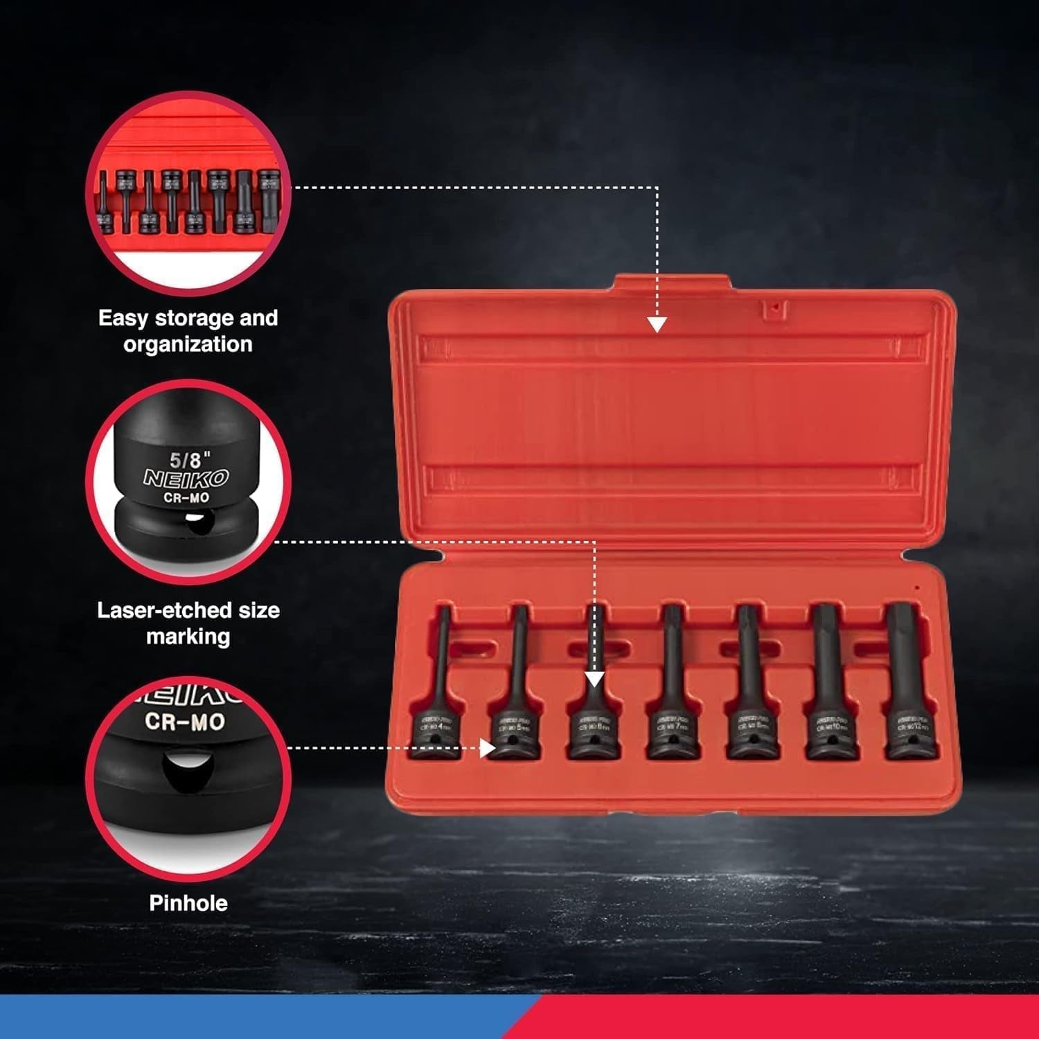 01130B 3/8" Drive Allen Socket Set, 7 Piece, 3 Inch, 3/8” Impact Hex Bit Socket Set, Metric Hex Driver 4 Mm to 12 Mm, Chrome - Moly Cr - Mo Impact Grade - Brahouse