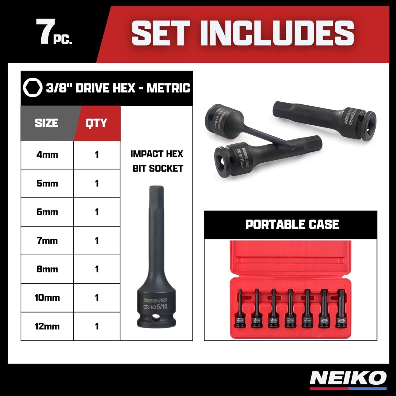 01130B 3/8" Drive Allen Socket Set, 7 Piece, 3 Inch, 3/8” Impact Hex Bit Socket Set, Metric Hex Driver 4 Mm to 12 Mm, Chrome - Moly Cr - Mo Impact Grade - Brahouse