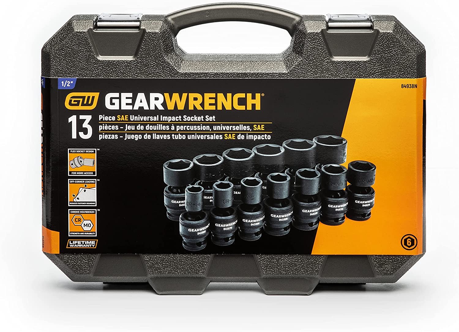 13 Pc. 1/2" Drive 6 Pt. Standard Universal Impact Socket Set, SAE - 84938N - Brahouse