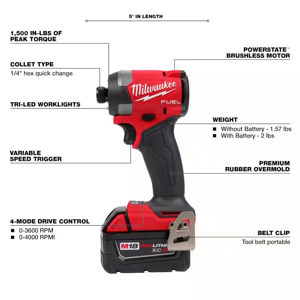 M18 Fuel 18 - V Lithium - Ion Brushless Cordless 1/4 In. Hex Impact Driver Kit W/(3) 5.0 Ah Batteries, Charger & Hard Case - Brahouse