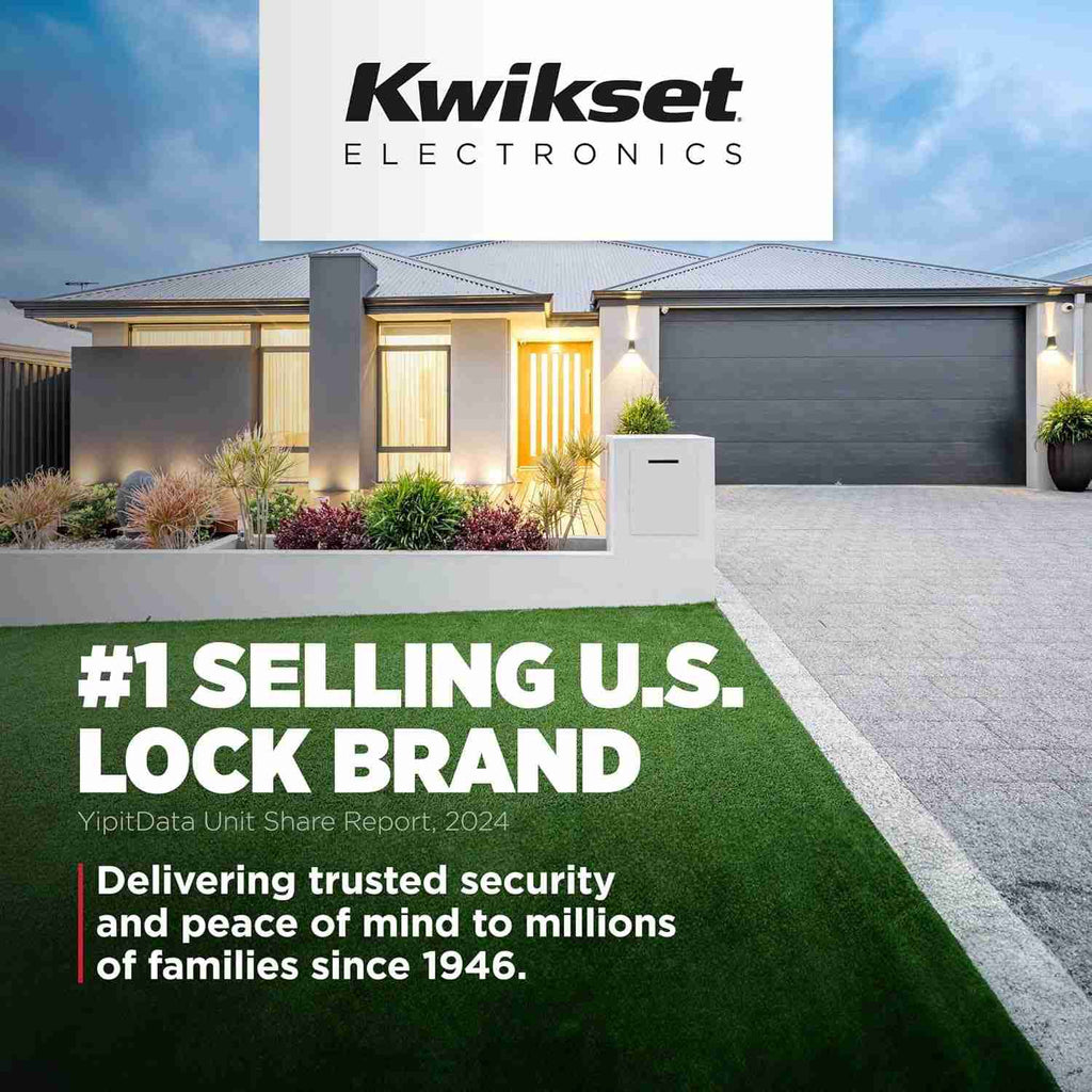 Kwikset markasıyla güvenli ve güvenilir kapı kilidi, modern ev dış görünümü